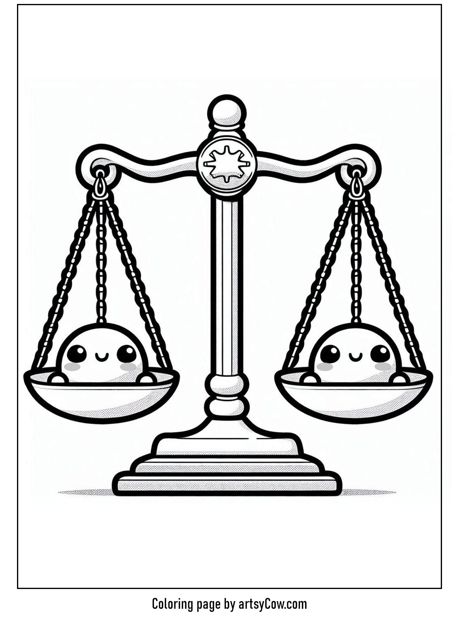 Presidents Day Coloring Pages featuring a cute illustration of justice scales with smiling faces.